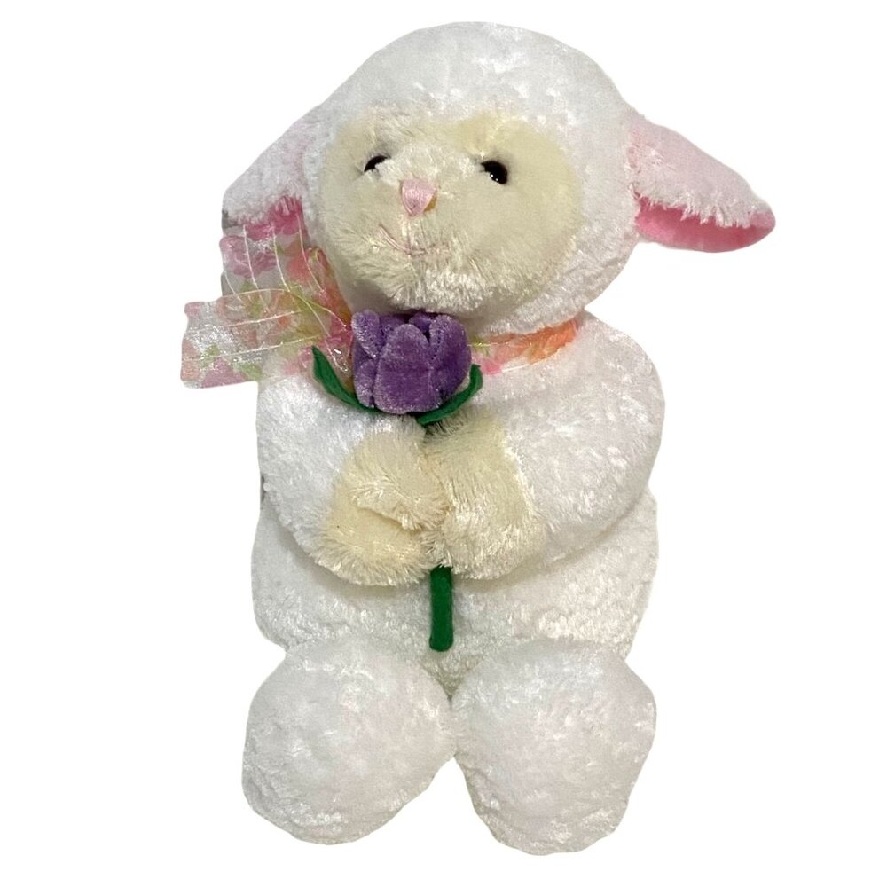 Gund Heads & Tales Plush Lamb Holding Purple Flower 12" White Easter‎ Spring